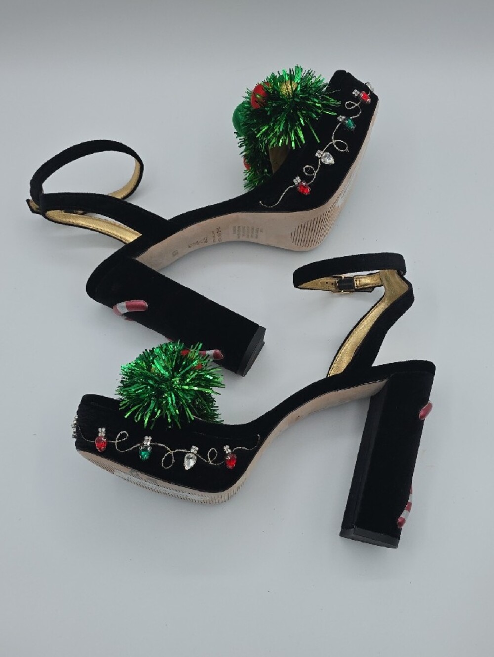 ANTONIO MELANI Black Velvet Heels with Green Tinsel and Red & Gold Ornaments - Picture 6 of 17
